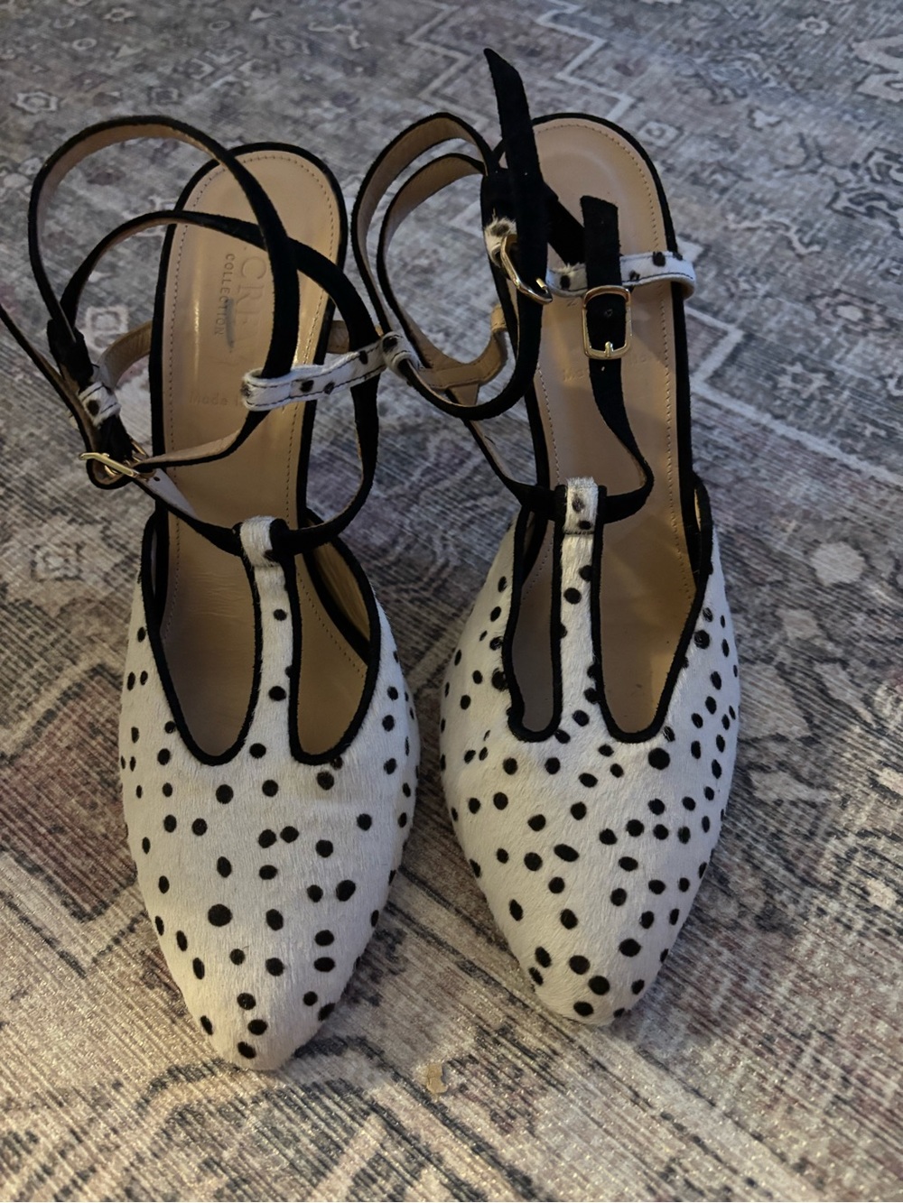 JCrew Polka Dot Pony Hair Pointed-Toe Slingback Heels - Black & White size 7